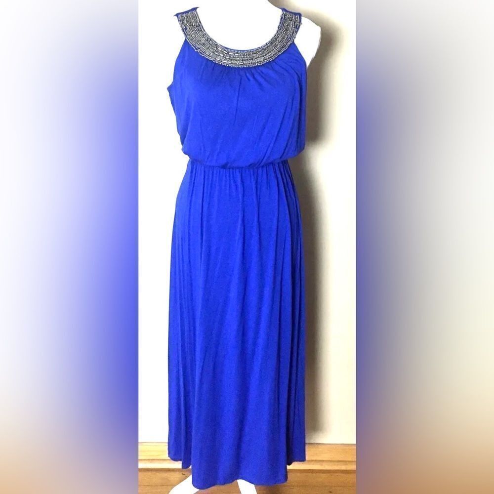 AB Studio Sleeveless Beaded Neck Blue Maxi Dress Women Size Small